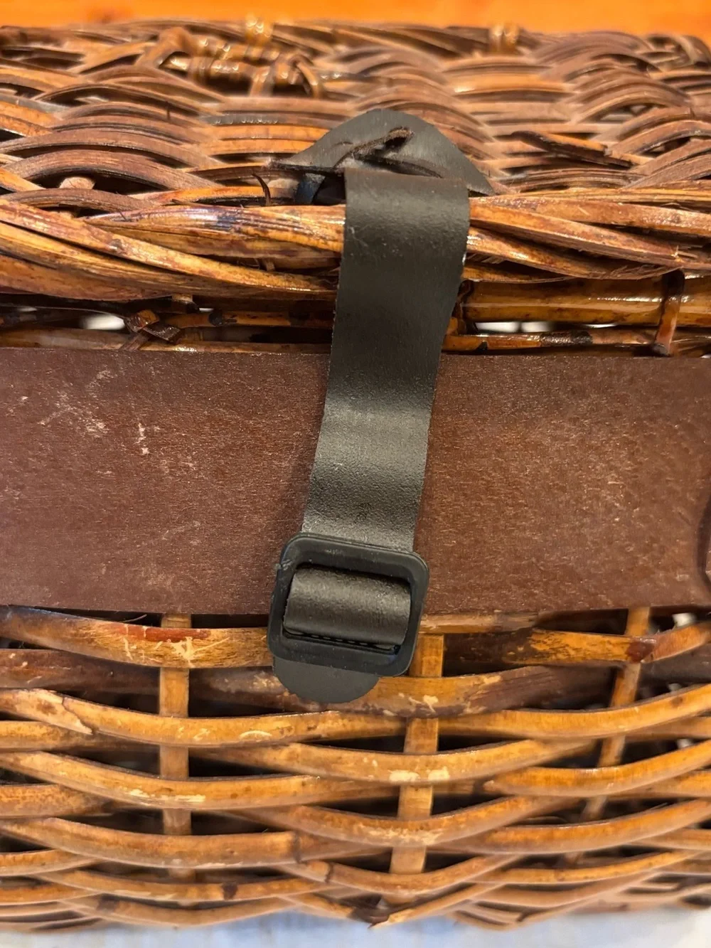 Vintage Wicker Fishing Creel Basket Leather Trim Shoulder Strap Cottagecore